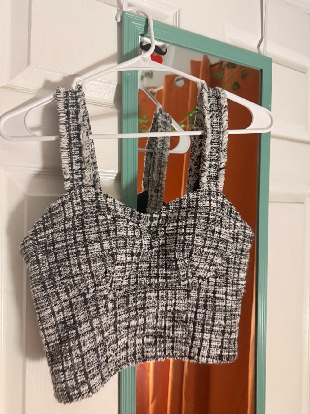 Black & White Tweed Crop Top with Textured Straps